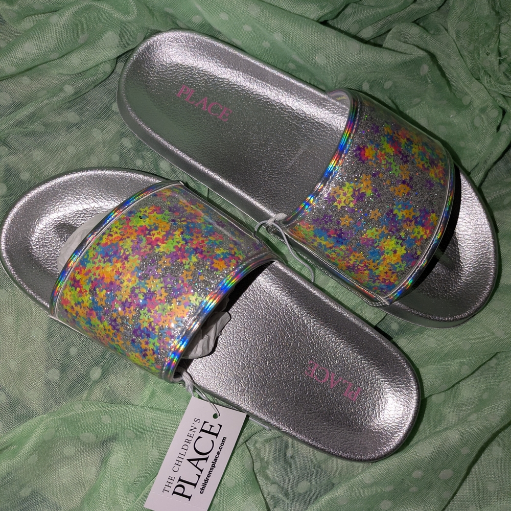 The Children's Place Silver Slide Sandals with Rainbow Star Confetti
